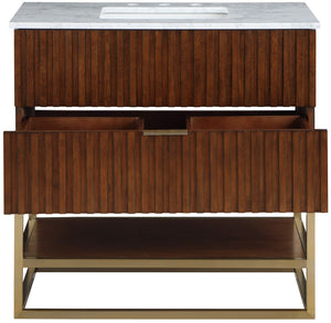 Monad Carrara Marble / Birch Veneer / MDF / Stainless Steel / Ceramic Contemporary Walnut Bathroom Vanity - 36" W x 20" D x 34.5" H