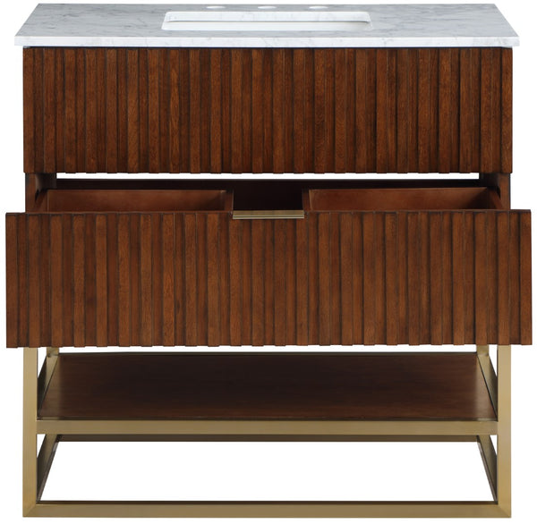 Monad Carrara Marble / Birch Veneer / MDF / Stainless Steel / Ceramic Contemporary Walnut Bathroom Vanity - 36" W x 20" D x 34.5" H