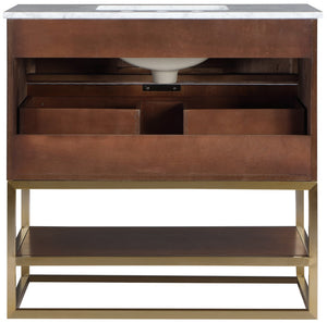 Monad Carrara Marble / Birch Veneer / MDF / Stainless Steel / Ceramic Contemporary Walnut Bathroom Vanity - 36" W x 20" D x 34.5" H