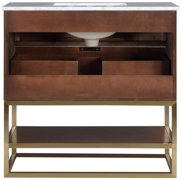 Monad Carrara Marble / Birch Veneer / MDF / Stainless Steel / Ceramic Contemporary Walnut Bathroom Vanity - 36" W x 20" D x 34.5" H