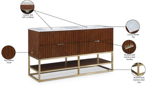 Monad Carrara Marble / Birch Veneer / MDF / Stainless Steel / Ceramic Contemporary Walnut Bathroom Vanity - 60" W x 20" D x 34.5" H