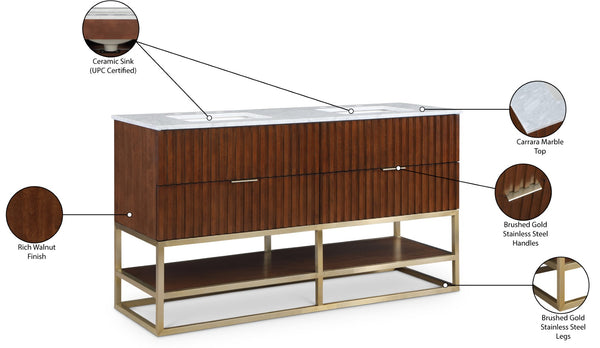 Monad Carrara Marble / Birch Veneer / MDF / Stainless Steel / Ceramic Contemporary Walnut Bathroom Vanity - 60" W x 20" D x 34.5" H