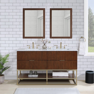 Monad Carrara Marble / Birch Veneer / MDF / Stainless Steel / Ceramic Contemporary Walnut Bathroom Vanity - 60" W x 20" D x 34.5" H