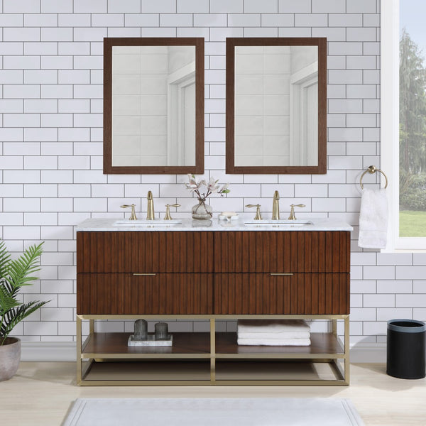 Monad Carrara Marble / Birch Veneer / MDF / Stainless Steel / Ceramic Contemporary Walnut Bathroom Vanity - 60" W x 20" D x 34.5" H