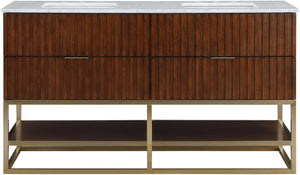 Monad Carrara Marble / Birch Veneer / MDF / Stainless Steel / Ceramic Contemporary Walnut Bathroom Vanity - 60" W x 20" D x 34.5" H