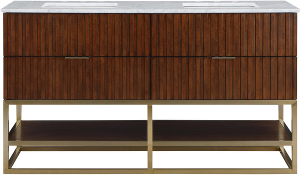 Monad Carrara Marble / Birch Veneer / MDF / Stainless Steel / Ceramic Contemporary Walnut Bathroom Vanity - 60" W x 20" D x 34.5" H