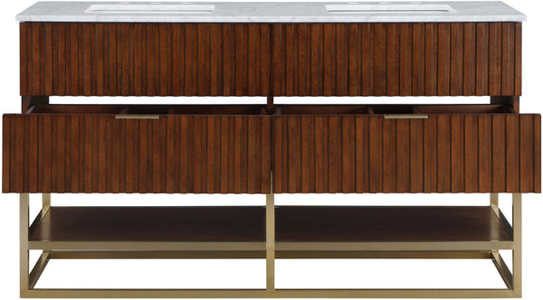 Monad Carrara Marble / Birch Veneer / MDF / Stainless Steel / Ceramic Contemporary Walnut Bathroom Vanity - 60" W x 20" D x 34.5" H