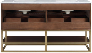 Monad Carrara Marble / Birch Veneer / MDF / Stainless Steel / Ceramic Contemporary Walnut Bathroom Vanity - 60" W x 20" D x 34.5" H