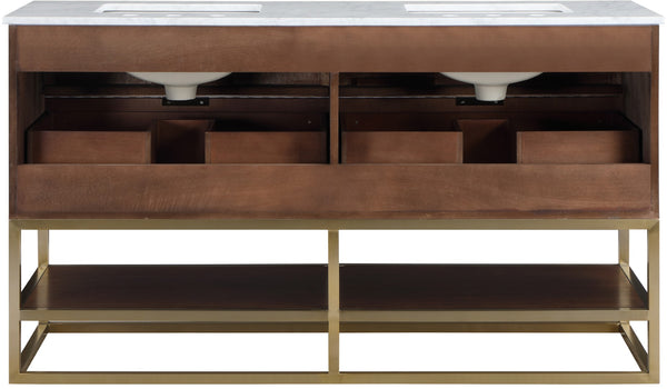 Monad Carrara Marble / Birch Veneer / MDF / Stainless Steel / Ceramic Contemporary Walnut Bathroom Vanity - 60" W x 20" D x 34.5" H