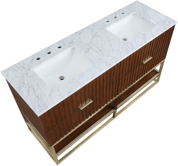 Monad Carrara Marble / Birch Veneer / MDF / Stainless Steel / Ceramic Contemporary Walnut Bathroom Vanity - 60" W x 20" D x 34.5" H
