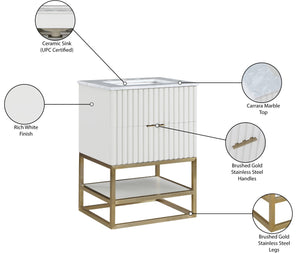 Monad Carrara Marble / Birch Veneer / MDF / Stainless Steel / Ceramic Contemporary White Bathroom Vanity - 24" W x 20" D x 34.5" H