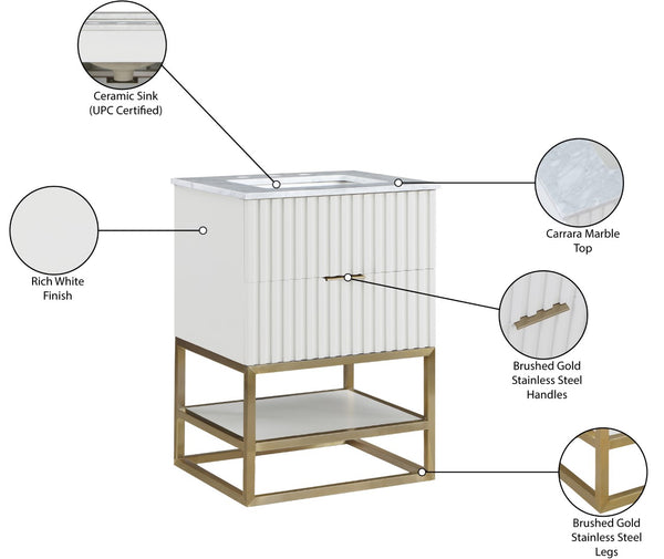 Monad Carrara Marble / Birch Veneer / MDF / Stainless Steel / Ceramic Contemporary White Bathroom Vanity - 24" W x 20" D x 34.5" H