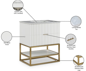 Monad Carrara Marble / Birch Veneer / MDF / Stainless Steel / Ceramic Contemporary White Bathroom Vanity - 30" W x 20" D x 34.5" H