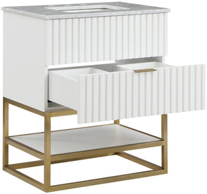 Monad Carrara Marble / Birch Veneer / MDF / Stainless Steel / Ceramic Contemporary White Bathroom Vanity - 30" W x 20" D x 34.5" H