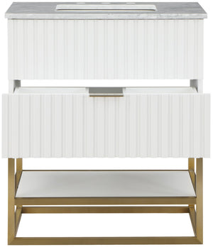 Monad Carrara Marble / Birch Veneer / MDF / Stainless Steel / Ceramic Contemporary White Bathroom Vanity - 30" W x 20" D x 34.5" H
