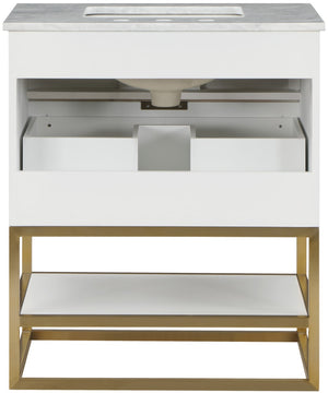 Monad Carrara Marble / Birch Veneer / MDF / Stainless Steel / Ceramic Contemporary White Bathroom Vanity - 30" W x 20" D x 34.5" H