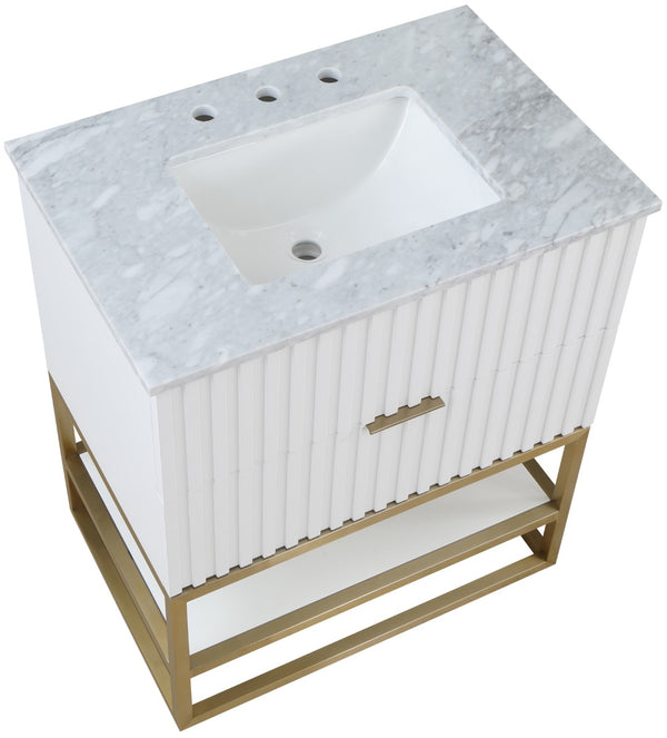 Monad Carrara Marble / Birch Veneer / MDF / Stainless Steel / Ceramic Contemporary White Bathroom Vanity - 30" W x 20" D x 34.5" H