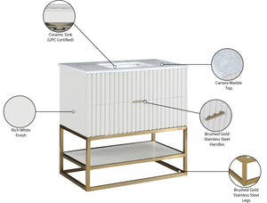 Monad Carrara Marble / Birch Veneer / MDF / Stainless Steel / Ceramic Contemporary White Bathroom Vanity - 36" W x 20" D x 34.5" H