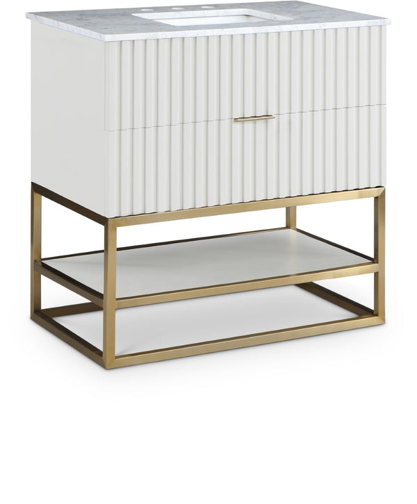 Monad Carrara Marble / Birch Veneer / MDF / Stainless Steel / Ceramic Contemporary White Bathroom Vanity - 36" W x 20" D x 34.5" H