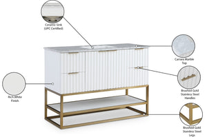 Monad Carrara Marble / Birch Veneer / MDF / Stainless Steel / Ceramic Contemporary White Bathroom Vanity - 48" W x 20" D x 34.5" H