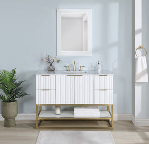 Monad Carrara Marble / Birch Veneer / MDF / Stainless Steel / Ceramic Contemporary White Bathroom Vanity - 48" W x 20" D x 34.5" H