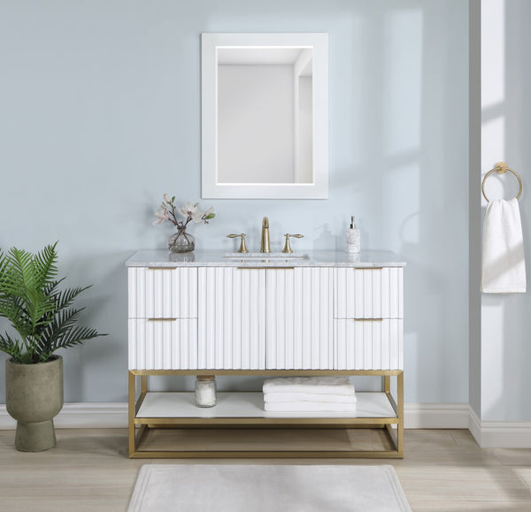 Monad Carrara Marble / Birch Veneer / MDF / Stainless Steel / Ceramic Contemporary White Bathroom Vanity - 48" W x 20" D x 34.5" H