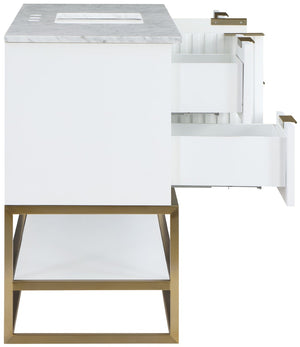 Monad Carrara Marble / Birch Veneer / MDF / Stainless Steel / Ceramic Contemporary White Bathroom Vanity - 48" W x 20" D x 34.5" H