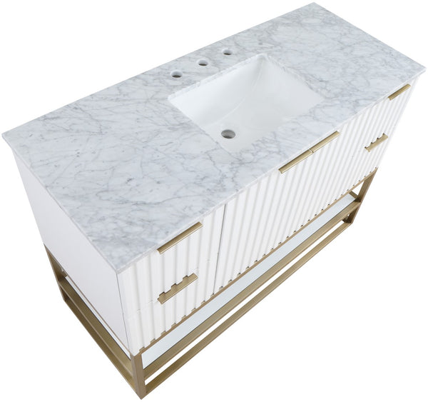 Monad Carrara Marble / Birch Veneer / MDF / Stainless Steel / Ceramic Contemporary White Bathroom Vanity - 48" W x 20" D x 34.5" H