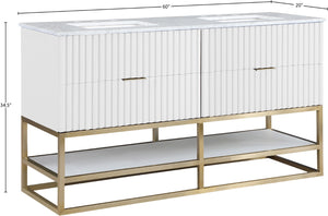 Monad Carrara Marble / Birch Veneer / MDF / Stainless Steel / Ceramic Contemporary White Bathroom Vanity - 60" W x 20" D x 34.5" H