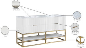 Monad Carrara Marble / Birch Veneer / MDF / Stainless Steel / Ceramic Contemporary White Bathroom Vanity - 60" W x 20" D x 34.5" H