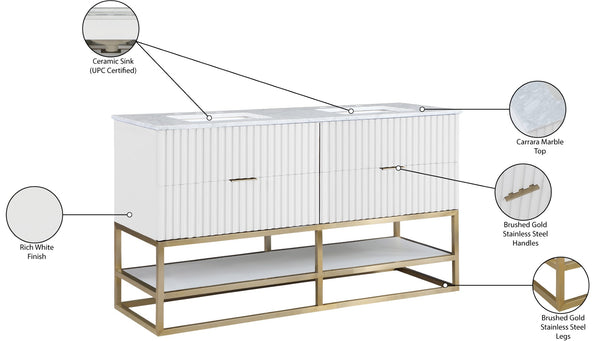 Monad Carrara Marble / Birch Veneer / MDF / Stainless Steel / Ceramic Contemporary White Bathroom Vanity - 60" W x 20" D x 34.5" H