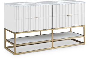 Monad Carrara Marble / Birch Veneer / MDF / Stainless Steel / Ceramic Contemporary White Bathroom Vanity - 60" W x 20" D x 34.5" H