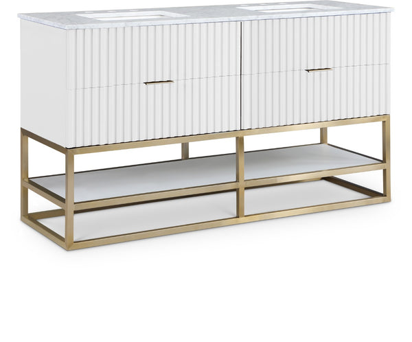 Monad Carrara Marble / Birch Veneer / MDF / Stainless Steel / Ceramic Contemporary White Bathroom Vanity - 60" W x 20" D x 34.5" H