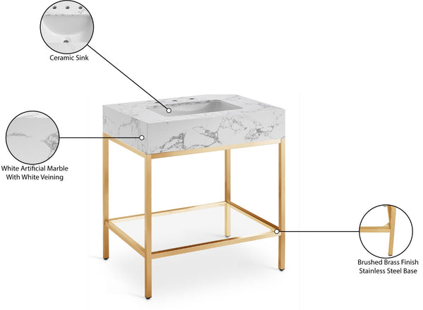 Marmo Artificial Marble / Stainless Steel Contemporary White Artificial Marble Bathroom Vanity - 30" W x 23" D x 34" H