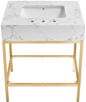 Marmo Artificial Marble / Stainless Steel Contemporary White Artificial Marble Bathroom Vanity - 30" W x 23" D x 34" H