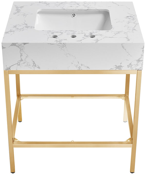 Marmo Artificial Marble / Stainless Steel Contemporary White Artificial Marble Bathroom Vanity - 30" W x 23" D x 34" H