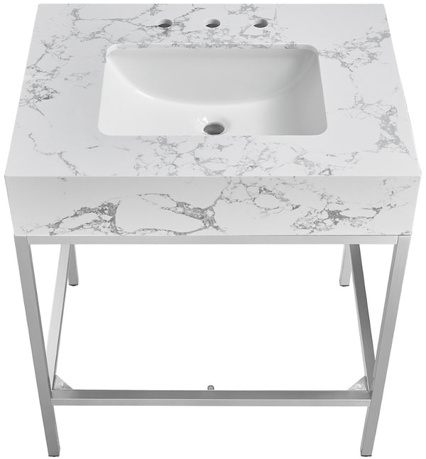 Marmo Artificial Marble / Stainless Steel Contemporary White Artificial Marble Bathroom Vanity - 30" W x 23" D x 34" H