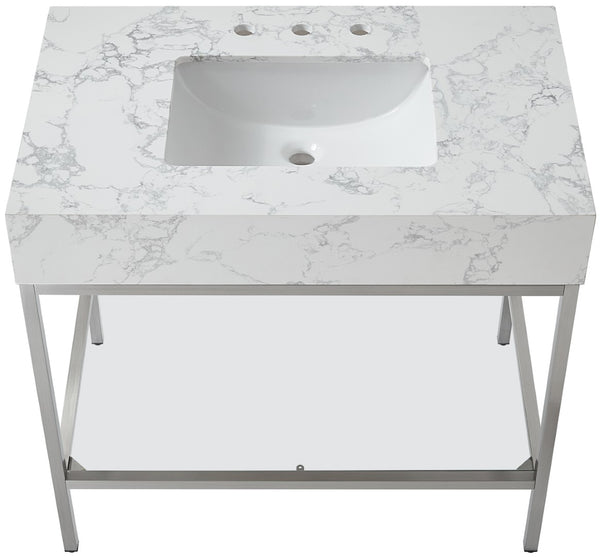 Marmo Artificial Marble / Stainless Steel Contemporary White Artificial Marble Bathroom Vanity - 36" W x 23" D x 34" H