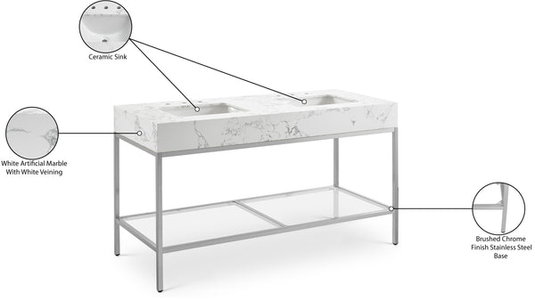 Marmo Artificial Marble / Stainless Steel Contemporary White Artificial Marble Bathroom Vanity - 60" W x 23" D x 34" H