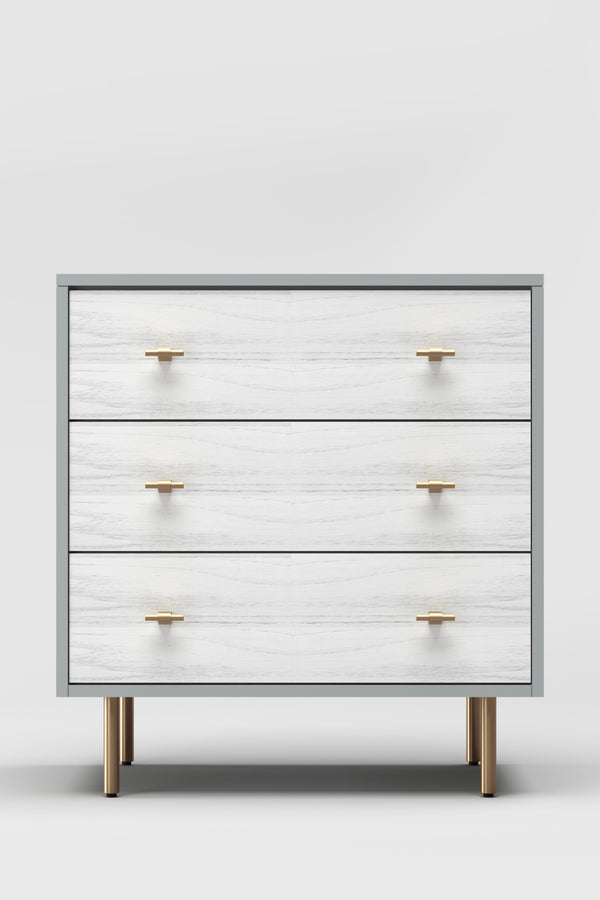 Saige Small Chest - Elegant Weathered White/Gray Mahogany Storage with Gold Accents & Soft Close Drawers