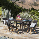 Noble House Lydia Outdoor 7 Piece Multibrown Wicker Oval Dining Set with Light Brown Wood Finished Legs