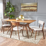 Noble House Nissie Mid Century Natural Walnut Finished 5 Piece Wood Dining Set with Light Beige Fabric Chairs