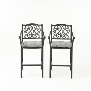 San Blas Outdoor Barstool with Cushion Antique Matte Black and Charcoal Noble House