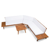 Hillcrest Outdoor V Shaped 4 Piece Sandblast Finished Acacia Wood Sectional Sofa Set with White Water Resistant Cushions