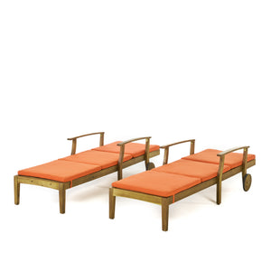 Perla Outdoor Teak Finish Chaise Lounge with Orange Water Resistant Cushion Noble House