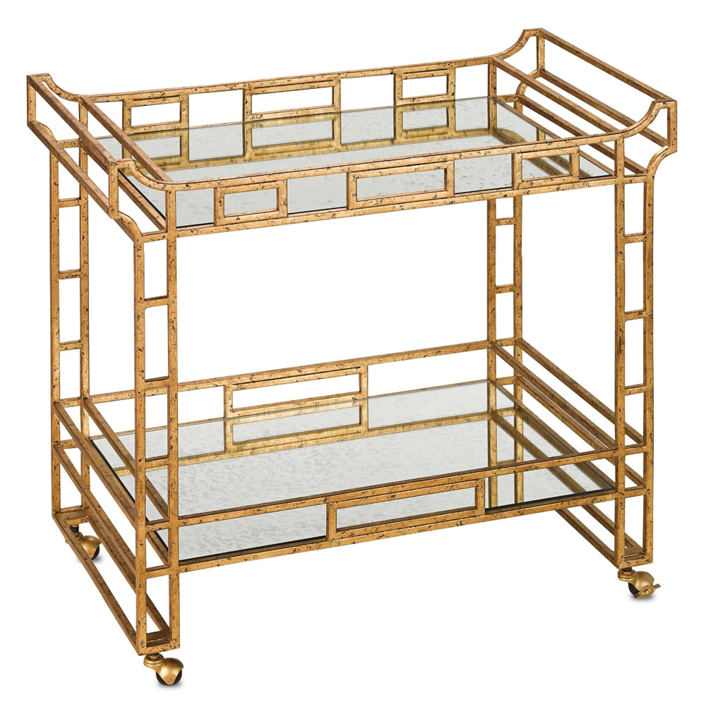 Odeon Bar Cart - Elegant Asian-Inspired Design with Gold Leaf Finish and Antique Mirror Shelves