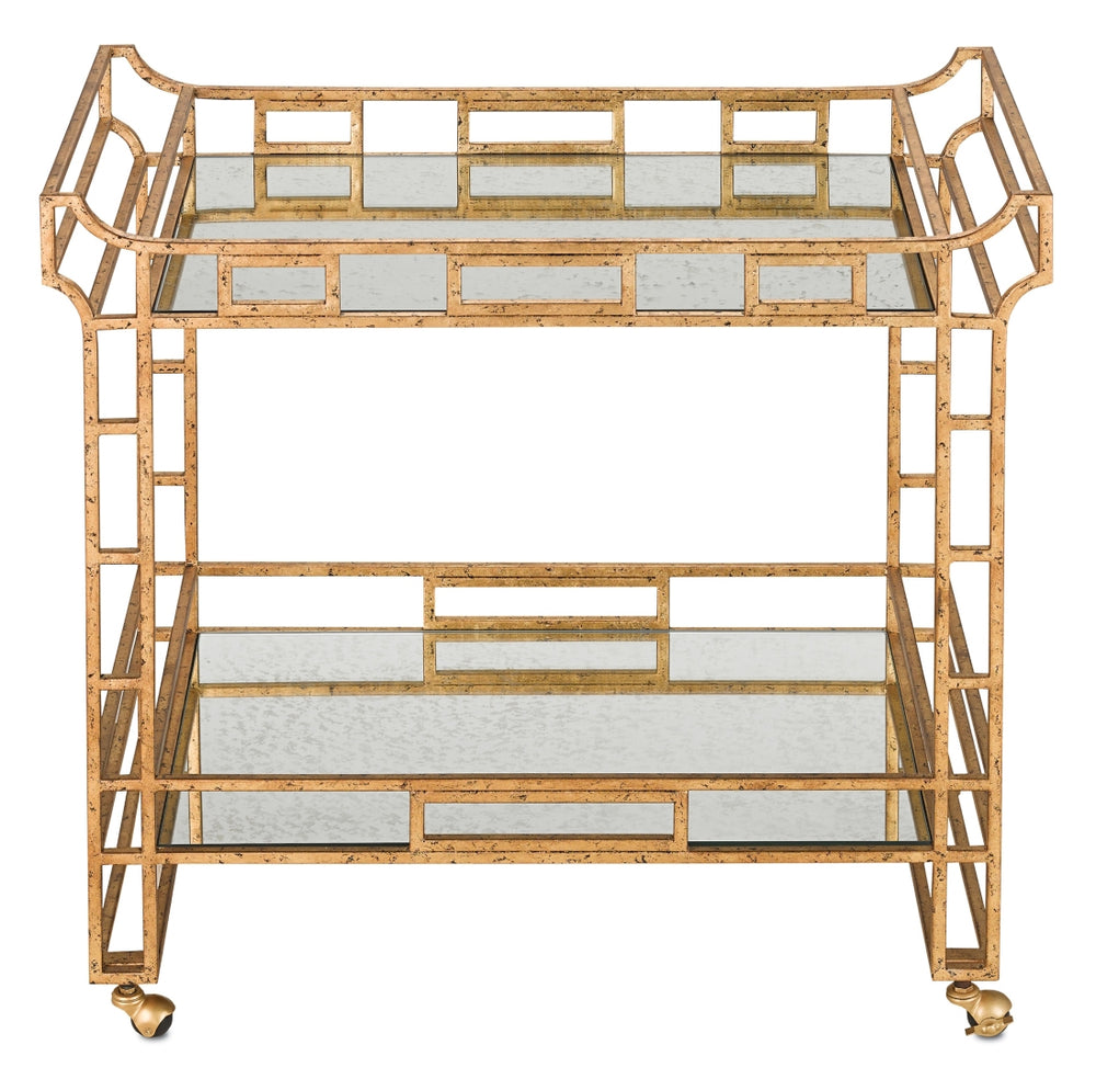 Odeon Bar Cart - Elegant Asian-Inspired Design with Gold Leaf Finish and Antique Mirror Shelves