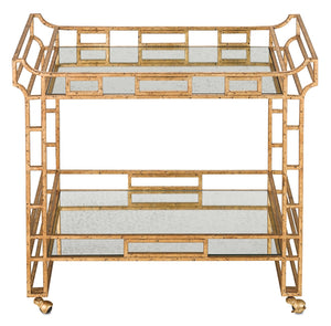 Odeon Bar Cart - Elegant Asian-Inspired Design with Gold Leaf Finish and Antique Mirror Shelves