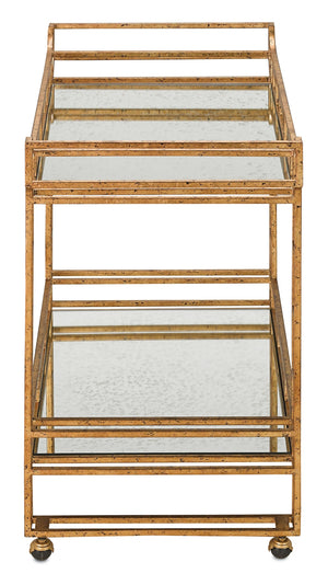 Odeon Bar Cart - Elegant Asian-Inspired Design with Gold Leaf Finish and Antique Mirror Shelves