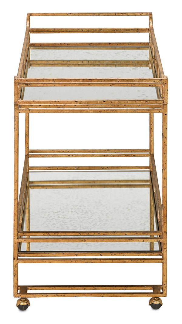 Odeon Bar Cart - Elegant Asian-Inspired Design with Gold Leaf Finish and Antique Mirror Shelves